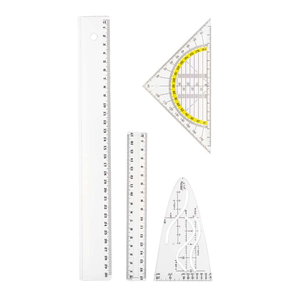 Geometrie-Set, 4-teilig: Geodreieck, zwei Lineale, Parabel