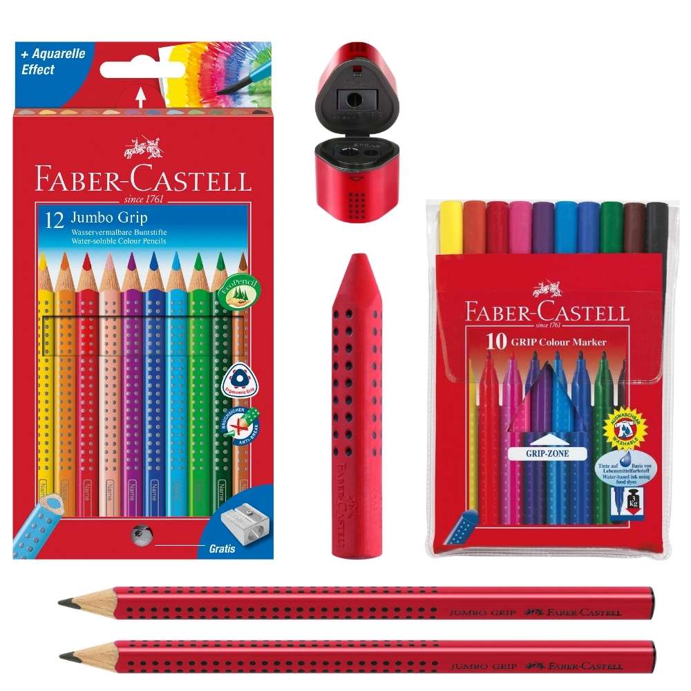 Faber-Castell Grip Set, rot: Jumbo Grip Stifte, Spitzer