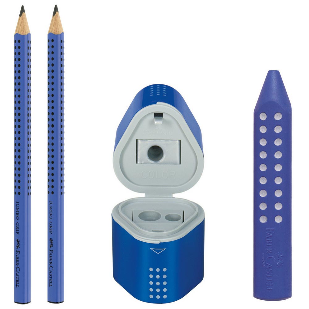 Faber-Castell Grip Set, blau: Jumbo Grip Stifte, Spitzer